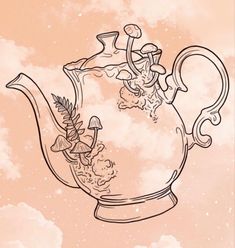 a drawing of a teapot on a pink background with clouds in the sky behind it