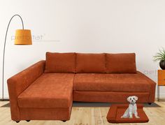 a dog sitting on a rug in the middle of a room next to a couch