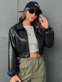 Pu Leather Skirt, Women Blouses Fashion, Shein Icon, Women Outerwear, Ootd Outfits, Pu Leather Jacket, Women Jackets, Kpop Fashion Outfits