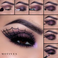 Halloween Makeup Looks With Motives Cosmetics Bat Eye Makeup Tutorial, Witch Makeup Brown Eyes, Easy Halloween Make Up Look, Spiderweb Eye Makeup, Simple Witch Makeup, Pretty Witch Makeup, Makeup Ideas Halloween, Makeup Tutorial Halloween, Halloween Eyeshadow