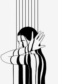 a black and white drawing of a woman in jail with her hands on the bars