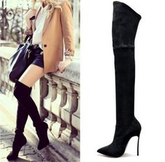 Unique+Black+Pointed+Boots+Super+High+Heels+Over+the+knee+stretch+boots+Hot This+item+is+shipped+in+72+hours. High+Shoes+make+your+legs+look+long,+it+makes+your+temperament+look+good.+Low-heeled+design+allows+you+to+walk+very+smoothly,+it+is+one+of+the+Highlights+of+these+High-heeled+shoes.... Luxury Over-the-knee Heeled Boots For Work, Hak Tinggi, Knee Stretches, Pointed Boots, Boots High Heels, Super High Heels, Pointed Heels, Boots High, How To Stretch Boots