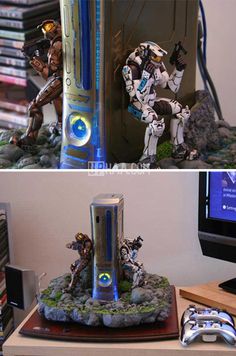 two pictures side by side one shows a video game console and the other shows an action figure