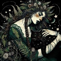 a painting of a woman holding a black cat with stars and moon in her hair