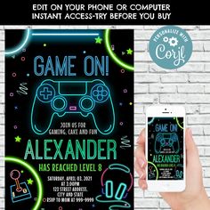 a neon video game birthday party with the text game on, and an image of a controller