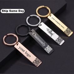 three different types of keychains with the same name on them, one has a bar