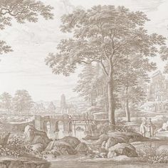 a drawing of a landscape with trees and people in the distance, near a bridge