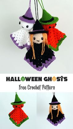 three crocheted halloween ghost ornaments hanging from strings with text overlay that reads, halloween ghosts free crochet pattern