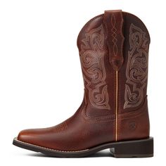 The perfect fit for everyone and the boot you'll always keep by the door. Comfy and lightweight, this all-purpose pair combines traditional Western stitching with our proprietary StretchFit, which expands to fit a wide range of calves. Delilah StretchFit Western Boot | Women's Delilah StretchFit Western Boots in Spiced Cider, Size: 12 B / Medium by Ariat Brown Leather Boots With Reinforced Stitching, Moc Toe Boots With Leather Footbed For Ranch, Classic Ranch Boots With Leather Footbed, Brown Boots With Reinforced Stitching And Round Toe, Brown Round Toe Boots With Reinforced Stitching, Leather Square Toe Outdoor Boots, Square Toe Leather Outdoor Boots, Western Boots With Round Toe And Reinforced Stitching, Leather Waterproof Boots With Round Toe For Ranch