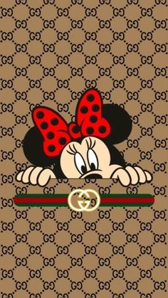 an image of minnie mouse with red bow on it's head, peeking out from behind a chain link wallpaper