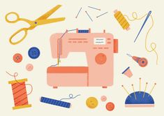 a sewing machine surrounded by various crafting supplies and thread on a white background with yellow scissors