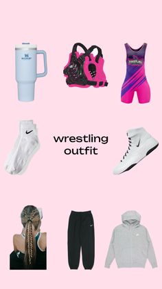 the words wrestling outfit are written in black on a pink background with various sports items