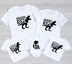 Custom T-Rex Family Matching TShirts, Personalized Dinosaur Family Shirts, Custom T-Rex, MamaRex ,DaddyRex ,Birthday Boy Girl T-Rex T-Shirt ❀DETAIL❀ For printing, we use Bella Canvas and Gildan SoftStyle brand shirts, which are the best in the industry. *Bella Canvas -unisex size -4.2 oz. -Solid colors are 100% Combed Cotton and Ring-Spun Cotton. -Athletic Heather 90% Combed and Ring-Spun Cotton, 10% Polyester -All Heather CVC Colors 52% Combed and Ring-Spun, 48% Polyester *Gildan SoftStyle -uni White Dinosaur Print T-shirt For Family Matching, Family Matching White Dinosaur Print T-shirt, White Family Matching T-shirt With Dinosaur Print, Family Matching White T-shirt With Dinosaur Print, Family Matching Dinosaur Print Crew Neck T-shirt, Birthday Shirt Design, Dinosaur Family, Matching Tshirts, Family Svg