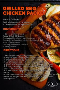 the grilled bbq chicken packet includes vegetables and meat, along with instructions for grilling