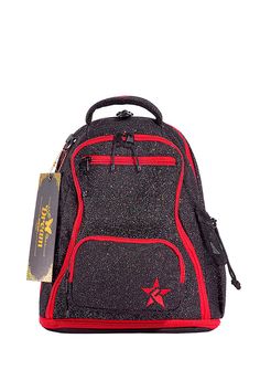 a black and red backpack with a star on the front, two zippers at the bottom