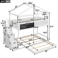 a white bunk bed with measurements for the top and bottom drawers on each side is shown