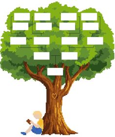 a cross stitch family tree with two people sitting under the tree and one person reading