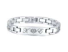 "Our custom engraved men's bracelets can be personalized with names or monogrammed with initials. Our personalized bracelets can be engraved on both sides. This stainless steel personalized identification bracelet is a great gift for any occasion. Fits Wrist Sizes: We can adjust to your size. (please measure wrist prior to purchase) Can be adjusted, please let us know the size you need Finish: Shiny - Polished Stainless Steel Plaque Dimensions: 1.5\" x 0.5\" Engraving area 1\"x.5 Bracelet Length Custom Engraved Bracelet, Medical Bracelet, Men's Bracelets, Mens Bracelet Silver, Jewellery Marketing, Personalized Bracelet, Stainless Steel Plate, Id Bracelets, Engraved Bracelet