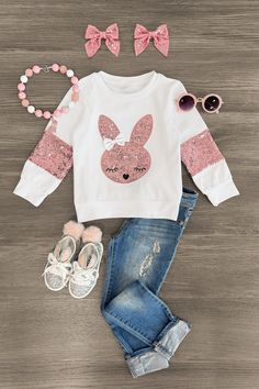 White & Pink Sequin Bunny Top - Sparkle in Pink Cute Fall Party Tops, Spring Long Sleeve Glitter Tops, Spring Glitter Tops, Pink Glitter Print Tops For Spring, Playful Bunny Design Tops For Spring, Pink Easter Tops With Graphic Print, Pink Bunny Clothes, Cute Pink Unicorn Print Top, Baby Boutique Clothing Sparkle In Pink