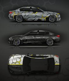 three different views of a car with yellow and black stripes on the side, from top to bottom