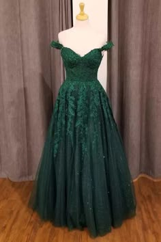 Green Floral Dress Prom, Green Emerald Dresses, Leaf Prom Dress, Dark Green Prom Dress Plus Size, Hunter Green Ball Gown, Green Ball Gown Prom Dresses, Lace Green Prom Dress, Green Prom Dress Off The Shoulder, Green Off The Shoulder Prom Dress