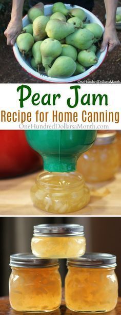 jars filled with pickled pear jam sitting on top of a wooden table next to a bowl