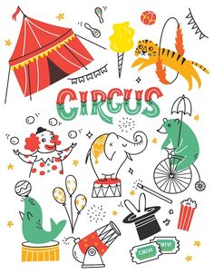 circus poster with animals, clowns and other things in the circle on white background