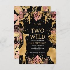 a black and gold wild one birthday party card with pink flowers, leaves and giraffes