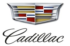 the cadillac logo is shown in black and white with red, blue, and yellow stripes