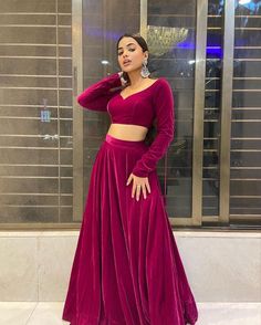 Pink Velvet Skirt, Velvet Blouse Design, Women Lehenga, Ready To Wear Lehenga, Crop Top Design, Desi Dress, Simple Lehenga, Lehenga Designs Simple, Lehenga Wedding