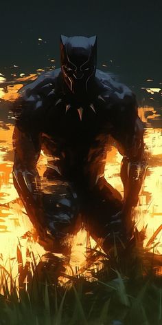 a black panther standing in the water with his hands on his knees