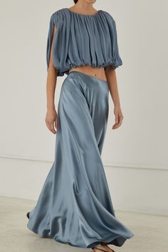 Shop the Antonia Skirt by Heirlome | Official Site Light Blue Satin Skirt Outfit, Light Blue Top Outfit, Formal Skirt And Top, Light Blue Bridesmaid Dress, Blue Satin Skirt, Goddess Dresses, Light Blue Bridesmaid Dresses, Light Blue Bridesmaid, Satin Skirt Outfit