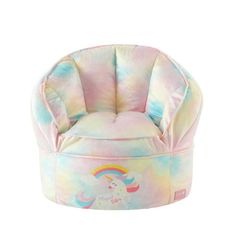 a little kid's chair that has a rainbow unicorn on it