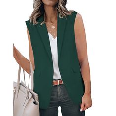 Green Lapel Collar Sleeveless Blazer Spring Office Sleeveless Vest, Green Sleeveless Vest For Workwear, Green Sleeveless Vest For Work, Casual Sleeveless Vest For Office, Office Sleeveless Vest For Fall, Sleeveless Blazer, Lapel Collar, Blazer Suit, Avocado