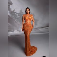 This Was Made For Me, I’m A Size 4. The Custom Dress Is A Stunning Piece Of Artistry, Meticulously Crafted With The Finest Materials And Attention To Detail. The Bodice Is Adorned With Intricate Beading And Embroidery, Creating A Shimmering Effect That Catches The Light With Every Movement. I Got Nonstop Compliments When I Wore It And It Could Be Yours!! Fitted Orange Evening Dress For Gala, Elegant Fitted Orange Gown, Fitted Orange Gown For Evening, Fitted Orange Evening Dress, Luxury Sheer Floor-length Evening Dress, Luxury Sheer Evening Dress For Cocktail, Luxury Sheer Evening Cocktail Dress, Intricate Beading, Custom Dress