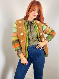 "Vintage 90s/Y2K does 70s tan/came lsuede vest / waistcoat with daisty embroidery. Made by Dagmar Ertinger of Germany. Shown here on a size FR 36/UK 8/US 2/S model with a 172cm / 5'8\" height with no adjustments. It's a bit big on model and would best fit a M (or oversized/layered XS/S) depending on your desired fit, but please verify all measurements to be sure. Marked size 38 (German) Armpit to Armpit: 48.5cm - 19in Waist: 47cm - 18.5in Overall Length: 56cm - 22in Condition: Very good -  no fl Vintage Brown Cardigan For Spring, Retro Embroidered Fall Outerwear, Vintage Brown Embroidered Outerwear, Retro Embroidered Cardigan For Winter, Vintage Embroidered Cardigan For Fall, Vintage Green Vest For Fall, Retro Embroidered Winter Cardigan, Winter Retro Embroidered Cardigan, Green Vintage Vest For Fall