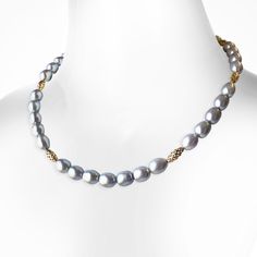 Material: 18k yellow gold



Stone Type/Carat Weight: Platinum Grey Freshwater Pearl



Dimensions: beads - 9.5-10x12mm, barrel beads - 9/16”, 21.5” length Classic Pearl Necklace, Grey Pearl Necklace, European Jewelry, Platinum Grey, Sapphire Pendant, Gold Stone, Jewelry Stand, Pearl Grey, Pinky Ring