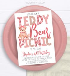 a pink plate with a teddy bear picnic card on it