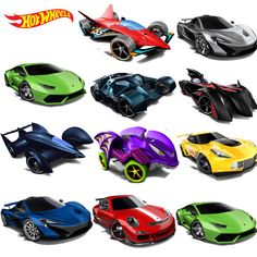 a bunch of different types of cars on a white background with the words hot wheels above them