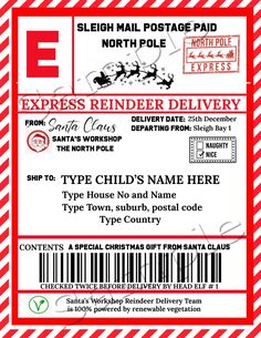 santa's sleigh mail postcard for north pole express, with the text express reindeer delivery