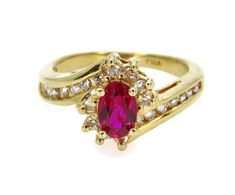 "Vintage 14K Yellow Gold Synthetic Red Ruby and Diamonds Ring  Size 5  Oval synthetic ruby measures 6.09 X 4.11 X 2.64 mm = approximately 0.53 ct 22 round diamonds - approximately 0.22 ct Ring rise (from finger when worn): 7 mm Band width: 2 mm on the sides tapered do 1.5 mm at the bottom Stamped: \"EMA\" No gold purety hallmark - tested and confirmed to be solid 14K gold This ring is in excelent condition, no flaws to note. Total weight: 3.6 grams 0324-5709  RL-0932 Back to Rings: https://www.e Oval Ruby Diamond Ring For Anniversary, Oval Ruby Cluster Ring With Diamond Accents, Oval Ruby Birthstone Ring With Diamond Accents, Oval Ruby Ring With Diamond Accents For Promise, Red Oval Brilliant Cut Birthstone Ring, Red Oval Sapphire Ring With Brilliant Cut, Red Birthstone Ring With Brilliant Oval Cut, Red Oval Diamond Ring With Accents, Oval Red Diamond Ring With Accents