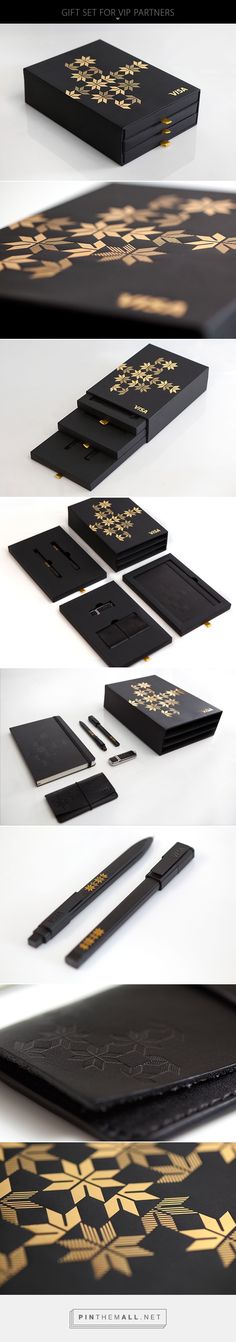 four different views of black and gold designs on the side of a book cover,