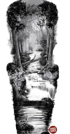 an artistic drawing of a stream in the woods