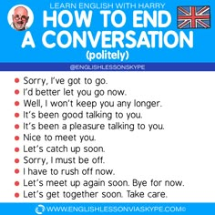 a poster with the words how to end a conversation in english and an image of a british flag