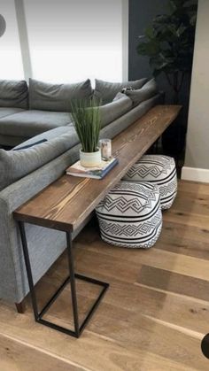 a living room with a couch, coffee table and ottoman