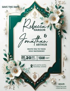 an elegant wedding card with flowers and pearls on the front, in green and white