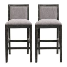 pair of grey upholstered barstools with backrests on white background