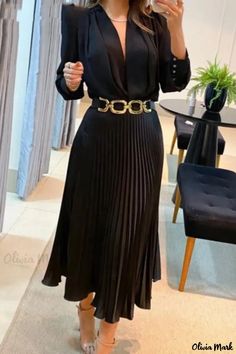 Olivia Mark - Classic Solid Patchwork V-Neck Long Sleeve Dresses (Belt Not Included) Black Dress Work Outfit, Black Dress Work, Dress Work Outfit, Long Party Dresses, Womens Long Skirt, Midi Dress Work, Dress Animal Print, Dress Halter Neck, Elegant Suit