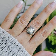 Top Of Ring Height: 18mm Band Width: 2.4mm Band Thickness: 1mm Metal: 925 Sterling Silver K E E P I N T O U Ch Https://Instagram.Com/Emmaverajewelry Https://Www.Facebook.Com/Emmaveradesign Thank You For Visiting Silver Spiritual Midi Rings For Anniversary, Sun Design Jewelry Promise Ring, Silver Sun Design Jewelry As A Gift, Silver Sterling Sun Design Ring, Sterling Silver Sun Design Ring, Sterling Silver Ring With Sun Design, Sterling Silver Rings With Sun Design, Silver Spiritual Rings For Everyday Wear, Spiritual Silver Flower Ring For Promise