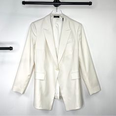 Theory Tiennette B Blazer 100% Virgin Wool White Excellent Like New Condition (One Small Dirt Smudge On Collar) Size 12 Notch Lapel Lapel Pocket Welt Pockets With Flap One Button Front Fully Lined (100% Polyester) Vented In Back Button Detail On Cuff Tags: Classic, Jacket, Work Wear, Career Wear, Business Casual, Off White, Cream, Ivory, The Row, Veronica Beard, Alice + Olivia, Helmut Lang, L’agence Classic Single Breasted Blazer For Daywear, White Blazer For Daywear, Elegant Fitted Blazer For Daywear, Elegant Daywear Blazer With Lapel Collar, Elegant Single-breasted Daywear Blazer, Elegant Single-breasted Blazer For Daywear, Classic Jacket, Career Wear, Veronica Beard